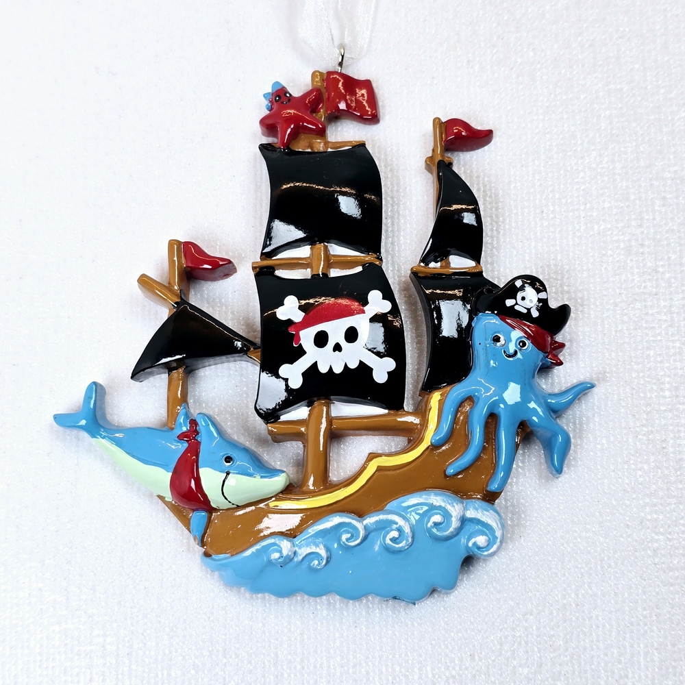 Pirate Ship Ornament with Octopus and Shark